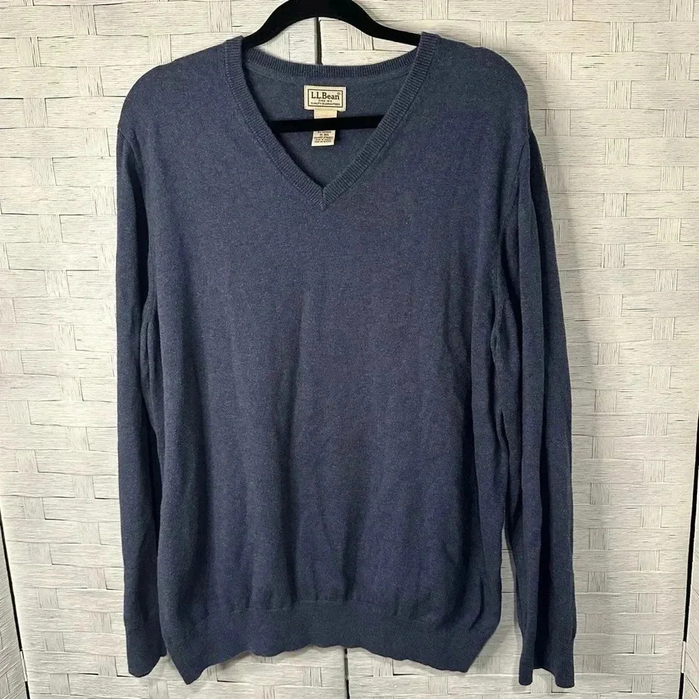 LL BEAN Large V-Neck Sweater Cotton Cashmere Dark‎ Blue size XL